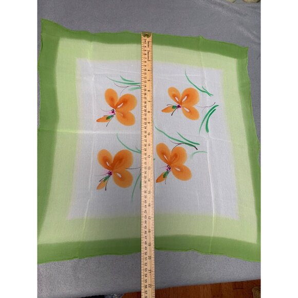 Vintage Floral Silk Scarf Handkerchief with Orange Flowers Green Border - Picture 5 of 8